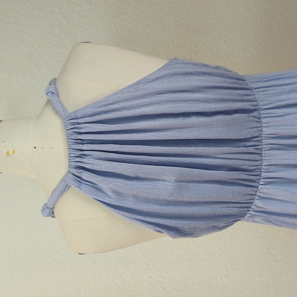 Lulus Halter V Neck Button Front Midi Dress Blue S bohemian summer casual - Picture 4 of 10